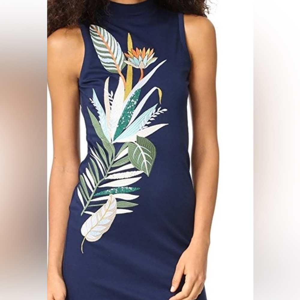 Tory Burch Navy Midi Dress Tropical Leaf Sequin Embroidery